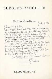 Title page of Burger's Daughter with a hand-written inscription by Nadine Gordimer addressed to Madiba (Nelson Mandela)