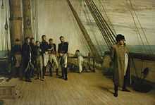 A group of men in military uniform and formal clothes stand to the left, looking towards a single man in a greatcoat and bicorne hat stood by the rail of a ship looking out to sea