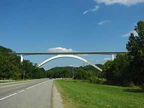 The Natchez Trace Parkway Bridge crosses Tennessee State Route 96 in dramatic fashion.