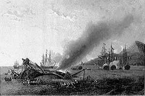 Pencil drawing similar to the painting in the infobox. A burning and sinking frigate appears in the foreground with men abandoning the ship in boats. Behind the vessel are two other ships and to the right of the image are three other ships clustered together under a large mountain.