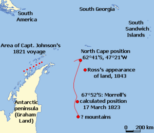  Chart shows the positions of the supposed New South Greenland coast, and Ross's Appearance, in relation to the Antarctic peninsula, the South American mainland, the South Sandwich Islands and South Georgia.