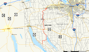 NY 174 follows a north–south alignment through western Onondaga County, southwest of Syracuse. It has a short overlap with US 20 south of Marcellus.