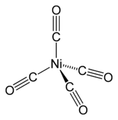 A nickel atom with four single bonds to carbonyl (carbon triple-bonded to oxygen; bonds via the carbon) groups that are laid out tetrahedrally around it