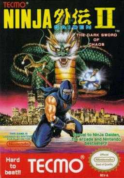 The logo of Ninja Gaiden II: The Dark Sword of Chaos is on the top of the screen. In the middle of the image is a depiction of a ninja in violet either sheathing or unsheathing a katana from the scabbard. The ninja is portrayed in the background of a nighttime city with a dragon rising over. To the bottom right of the ninja is green text saying "Sequel to NinJa Gaiden, the arcade and Nintendo best seller!", and to the left of that is a license by Nintendo. The bottom right bears the Nintendo Seal of Quality stamp. In the bottom of the image, in red with white lettering, is the Tecmo logo, with text to the left of the logo saying "Hard to beat!!".