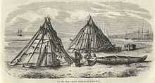 A drawing of three First Nations people in front of two tipis. There are two canoes on the shore and several larger ships in the water beyond.