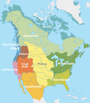 "Colour-coded map of North America showing the classification of indigenious peoples of North America according to Alfred Kroeber showing the areas of Arctic, Subarctic, Northwest Coast, Northeast Woodlands, Plains, Plateau"