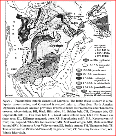 This map of North America shows the locations of the Superior province, Penokean oroginic area and Midcontinent Rift.