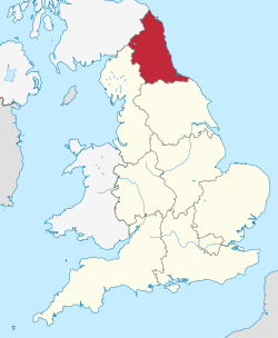 North East, highlighted in red on a beige political map of England