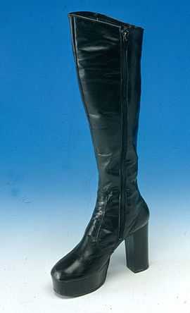 A black leather calf-length boot with platform sole. A zip runs from the instep to the top of the boot