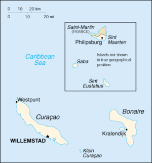 Map showing French Saint-Martin (north) and Dutch Sint Maarten (south).