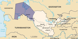 Location of Karakalpakstan (purple) with respect to the rest of Uzbekistan and neighbouring countries.