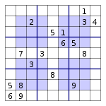 A Sudoku puzzle grid with four blue quadrants and nine rows and nine columns that intersect at square spaces. Some of the spaces are pre-filled with one number each; others are blank spaces for a solver to fill with a number.