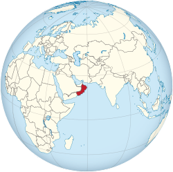 Location of  Oman  (red)in the Arabian Peninsula  (light yellow)