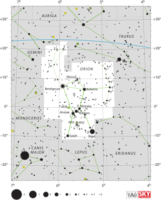Diagram showing star positions and boundaries of the Orion constellation and its surroundings