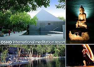 Multi-image postcard of the Osho International Meditation Resort in India
