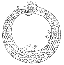A black ouroboros—a snake coiled in a circle, biting its own tail