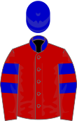 Red jacket with blue stripes on arms, blue collar and blue helmet