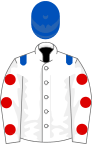 white, royal blue epaulets, white sleeves, red spots, royal blue cap