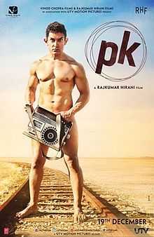 Khan, as the title character PK, stands nude on the railroad tracks, looking into the camera while obscuring his genitals with a transistor radio.