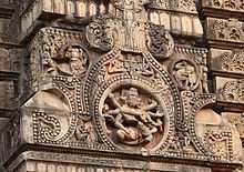 Six armed Mahisamardini Durga image on the tower
