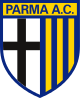 The text "Parma A.C." sit atop a pennant featuring two halves: a black cross on a white background on the left and yellow and blue vertical stripes on the right.