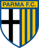 The text "Parma F.C." sit atop a pennant featuring two halves: a black cross on a white background on the left and yellow and blue vertical stripes on the right.