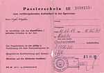 Pink slip of paper with the heading "Passierschein III zum vorübergehenden Aufenthalt in der Sperrzone"