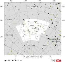 Diagram showing star positions and boundaries of the Pavo constellation and its surroundings