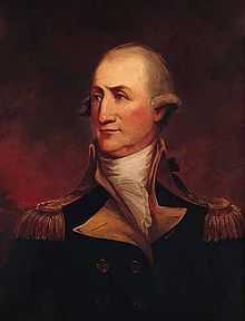 Portrait of a determined-looking man with thinning hair on top of his head and with his hair curled strangely over his ears. He wears a white frilled shirt under a dark blue uniform with gold epaulettes and buff lapels.