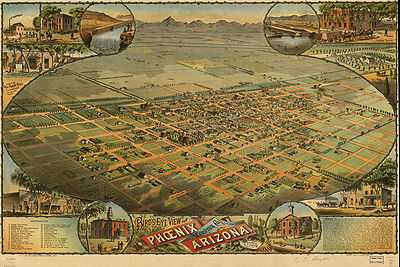 A lithograph showing an aerial view of Phoenix in 1885