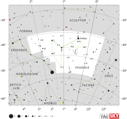 Diagram showing star positions and boundaries of the Phoenix constellation and its surroundings