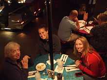 A photograph of three women sitting at a round, glittery, blue table while looking up at the viewer and smiling, with a silver pole protruding from the middle of the table