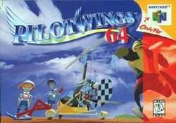 The image shows a stylized title displaying "Pilotwings 64" in blue and red text. Two characters pose on the far left beside a yellow and checkerboard-colored autogyro. A third character is running from the right side of the foreground toward the others. On the right are the logos "Only for Nintendo 64" under a peeled away portion of the image and "K–A ESRB" set within a red tint.