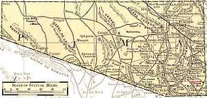 This map of Pima County, Arizona, drawn in 1883, shows the period's mountains, roads, mines, and settlements. The southeast corner of the map, the section that will break off to become Santa Cruz county in 1899, is by far more densely populated with features than any other portion of the map. Within that section, amidst numerous mines, mills, and roads, lies Harshaw.