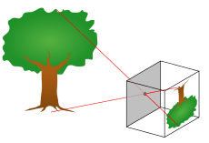 Principle of a pinhole camera: light rays from an object pass through a small hole to form an inverted image.