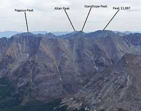 A photo of Standhope and surrounding peaks viewed from the summit of Hyndman Peak.