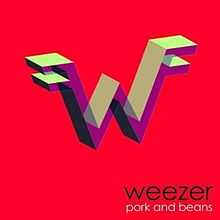 A red square with a three-dimensional version of the Weezer logo. The bottom right corner contains the text "Weezer" on top of the text "pork and beans".