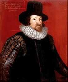 Engraved head-and-shoulders portrait of Francis Bacon wearing a hat and ruff.
