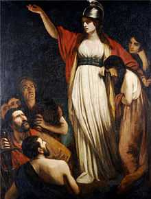 Painting of woman, with outstretched arm, in white dress with red cloak and helmet, with other human figures to her right and below her to the left.
