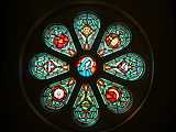 Detail of the Marian rose window in the choir loft. This window is above the main front doors.
