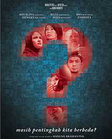 A poster composed of a collage of photographs of faces, several of which form a red question mark on a blue background