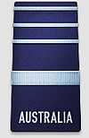 A black shoulder board with the word "AUSTRALIA" across the bottom. Above the word is a thick, blue horizontal stripe, with three thinner blue horizontal stripes above that.