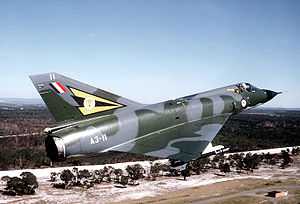 A close up view of a flying jet. The aircraft is painted in a military camouflage pattern, and a tiger's head symbol is painted on the tail fin. The back of the pilot can be seen in the cockpit, along with trees spread out below.