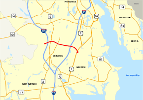 Highways in the Cranston area of central Rhode Island are shown on a map. Route 37 is highlighted, running west to east for 3.5 miles from an unnumbered route in Cranston to U.S. Route 1 in Warwick.