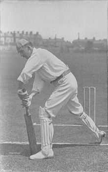 A black and white picture of Lionel Palairet demonstrating a batting stroke.