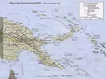 Relief map of New Guinea showing mountains, and locations of various settlements: the area of Kaiser–Wilhelmsland is approximately a quarter of the entire island.