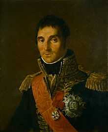 Painting of a heavily decorated man in a blue military uniform. The dour-looking man has dark hair and deep, heavily-lidded eyes.