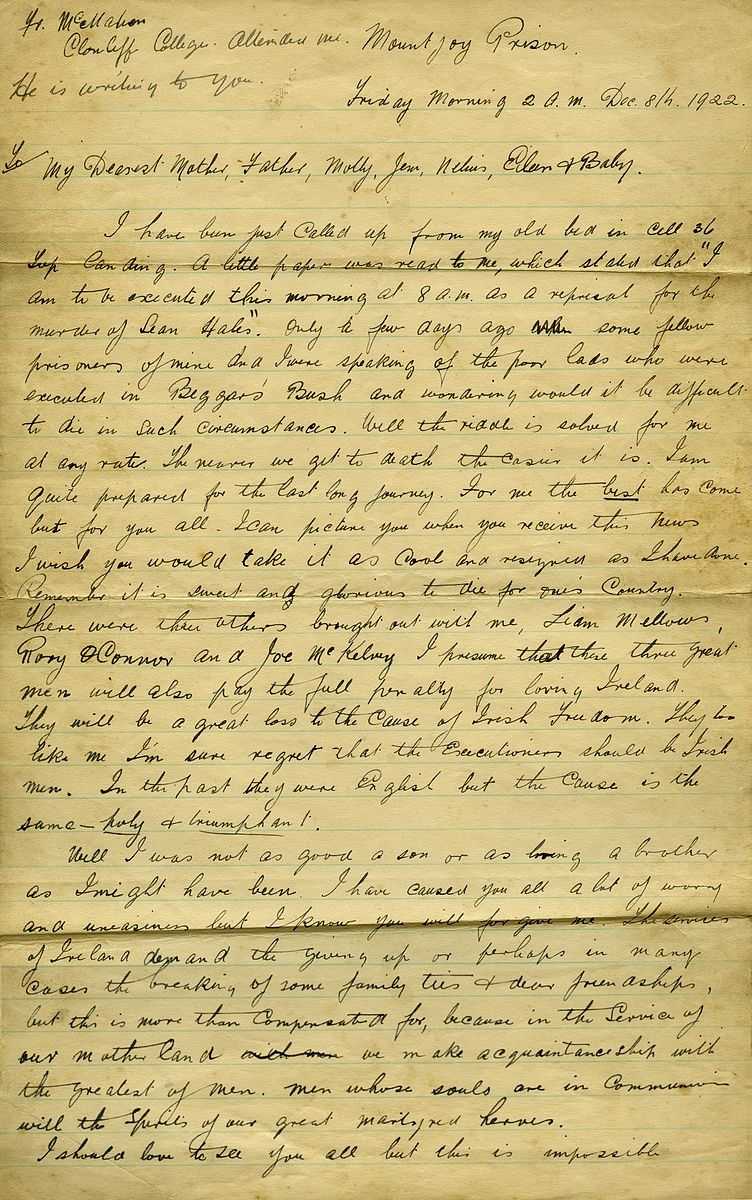 Richard Barrett, IRA, page 1 of letter written prior to execution, 1922.jpg