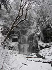 The second image, on the right, shows the cascading falls in winter. The water flows over layers of rock and is surrounded by icy, snow covered rocks and trees.