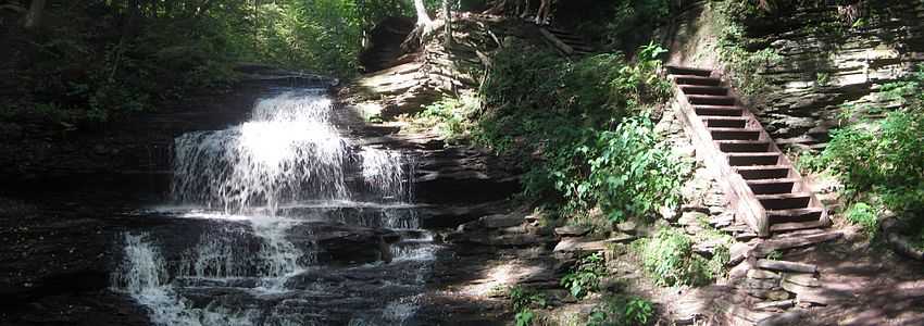 A waterall at left spills over many fine layers of rock, beside it on the right are wooden stairs without a railing. The whole scene is a mix of dappled sunlight and deep shade and there is lush green vegetation all around.